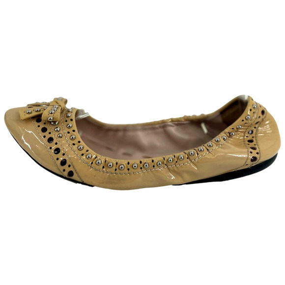 Miu Miu Flat Shoes Beige Leather Pointed Toe Bow Studded Flats Size 37 E… - Picture 6 of 11